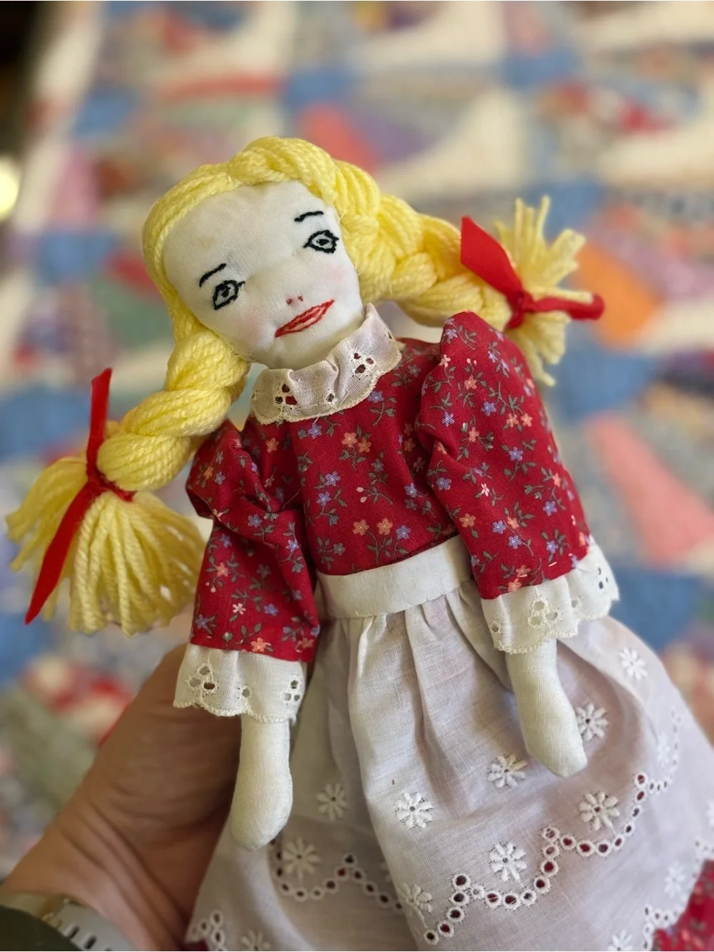 Handcrafted Vintage Yellow-Haired Rag Doll in Red Dress - Kids Toy